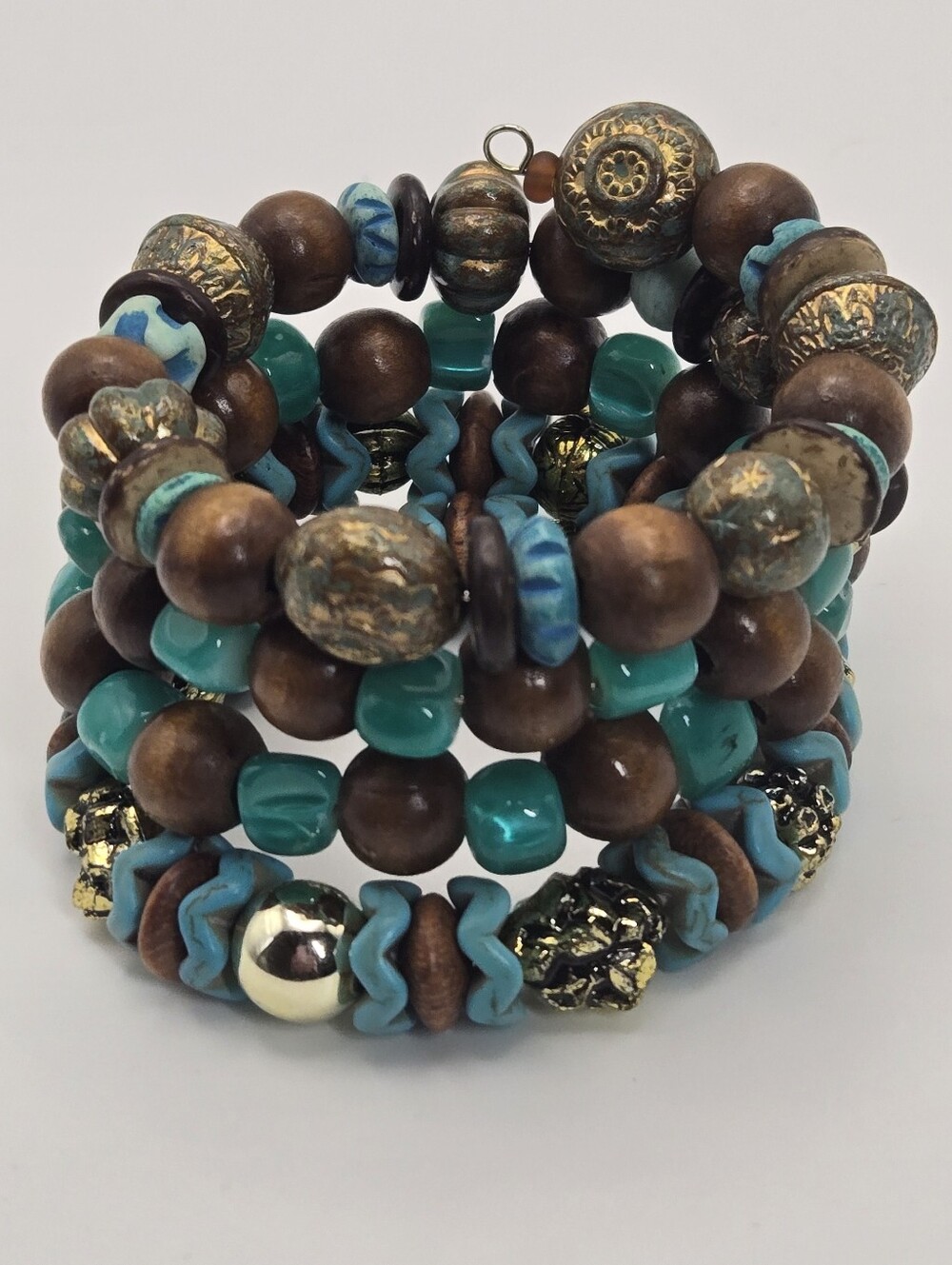 Beaded Multi-strand Coil Bracelet Stack Turqouise & Wood Beads Handmade Jewelry